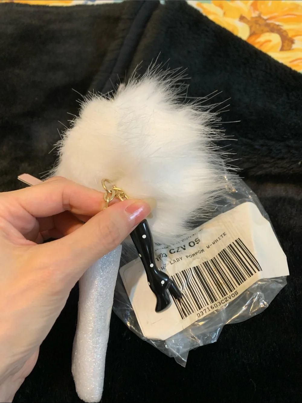Victoria's Secret White Faux Fur Pom Pom Keychain with Red Sequin Lip Accent